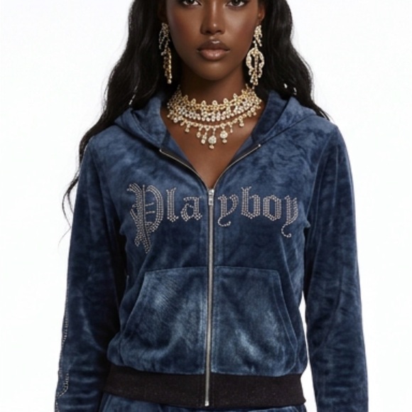 PLAYBOY Pants - PLAYBOY Navy Velour Crystal Logo Zip Hoodie